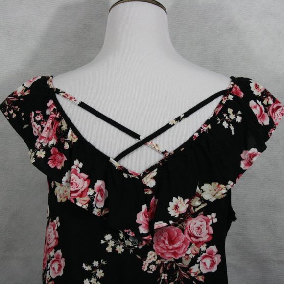 No Boundaries Multi Color Floral Rayon Blouse w/ Ruffle Collar Trim SZ M EUC - Picture 5 of 8